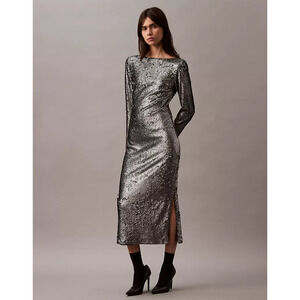 Calvin Klein Silver/Gray Sequin Boat Neck Long Sleeve Midi Dress, size L
